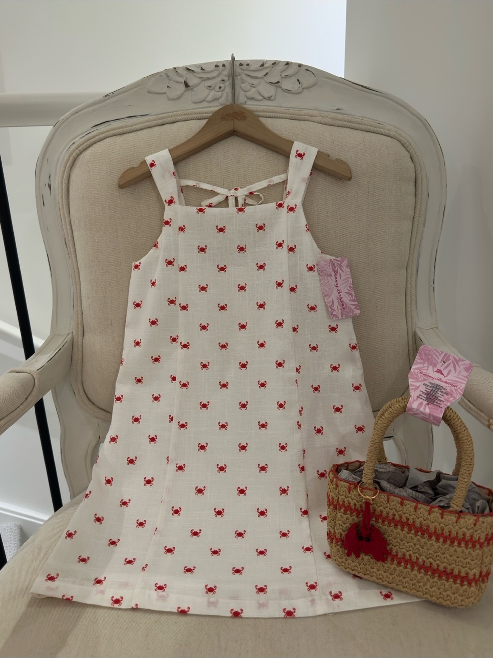 🦀 5T White Cotton Coastal Vibes Red Crab Print Shift Dress & Straw Purse Set NWT